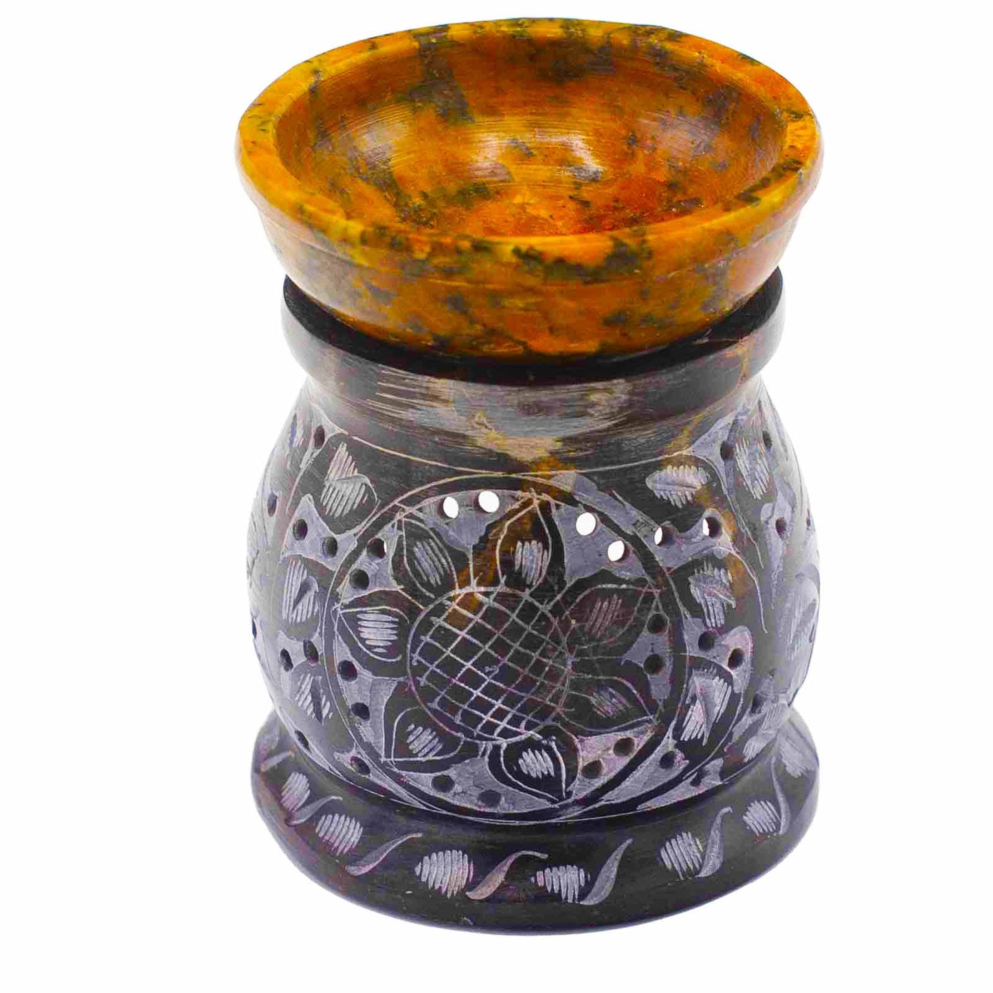 Quemador de Aceite de Esteatita 10 cm - Mandala Negro y Amarillo