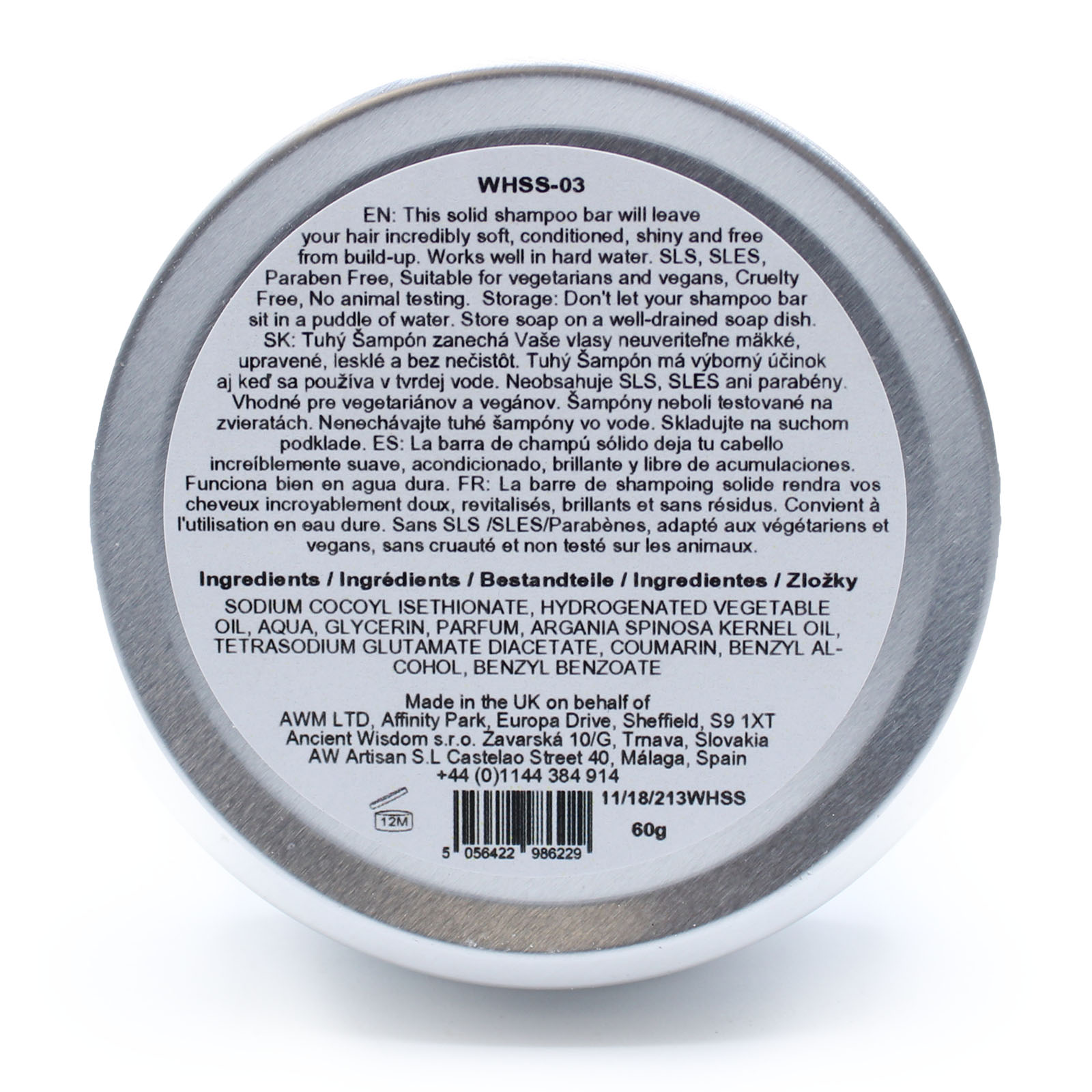 Parte trasera de la lata del champú sólido Wild Hare de Coco, con etiqueta que detalla ingredientes y beneficios de hidratación tropical.