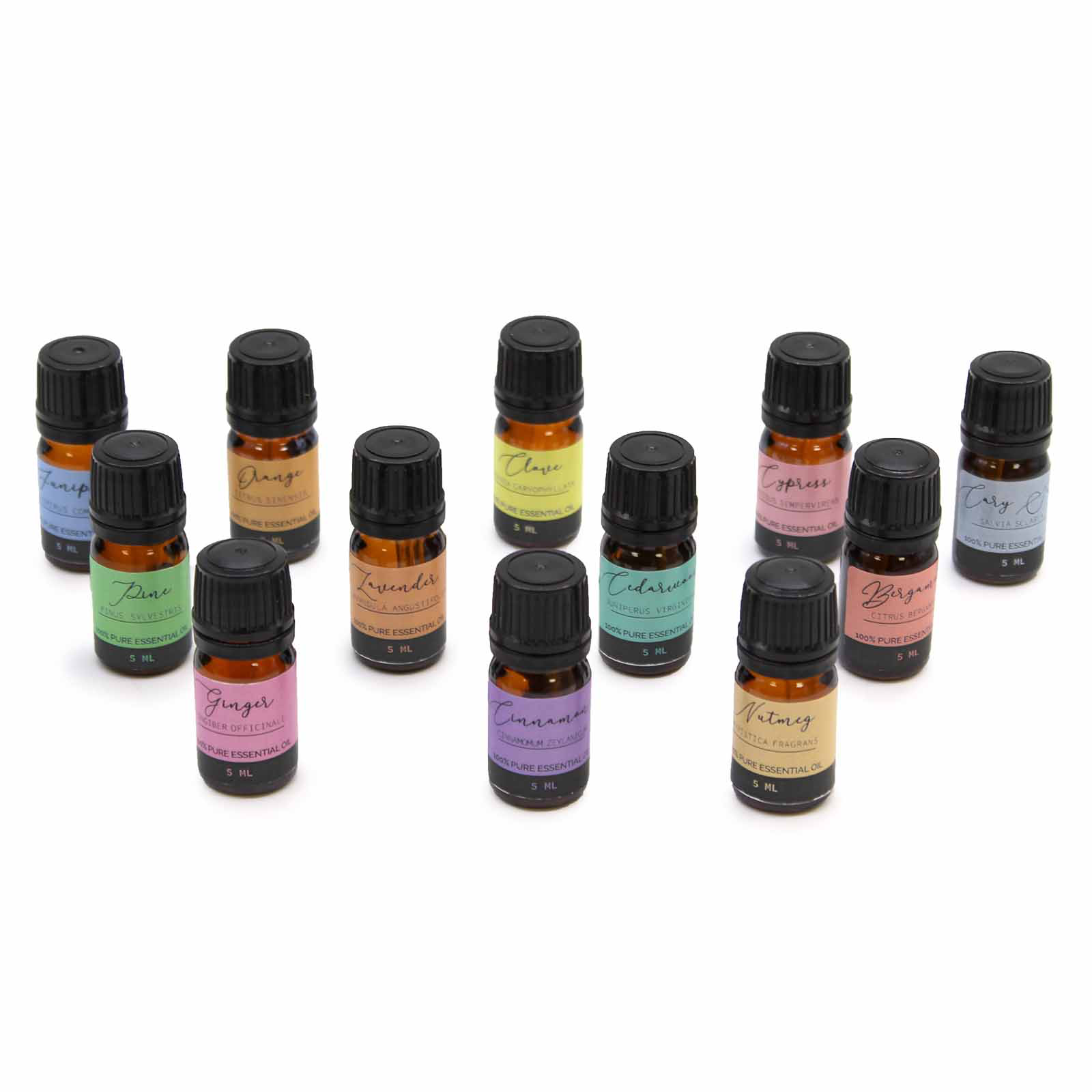 Primer plano de nuestro set de regalo de aceites esenciales. Observa la alta calidad de nuestros aceites y los prácticos cuentagotas para una aplicación precisa. Cada botella de 5ml contiene un aceite esencial diferente, cuidadosamente seleccionado por sus propiedades aromáticas y terapéuticas.
