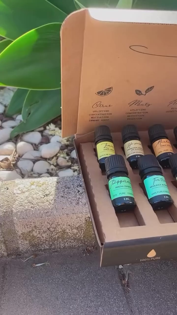 Set de 12 aceites esenciales para aromaterapia: aromas naturales como lavanda, eucalipto, naranja dulce, limón y más, perfectos para crear un ambiente relajante y equilibrado.