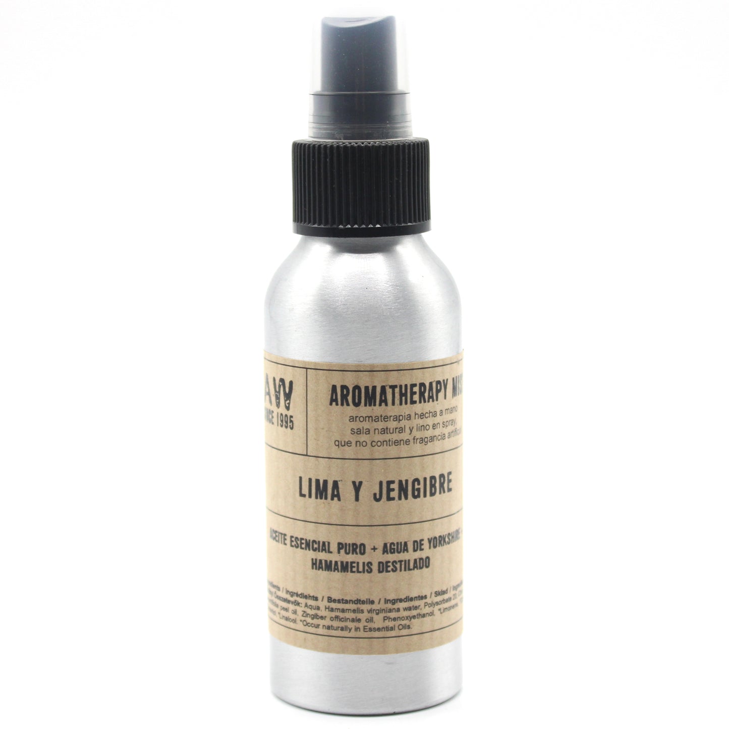 Spray de aceite esencial Lima & Jengibre 100ml en frasco de aluminio, ideal para revitalizar ambientes con su aroma fresco y picante.