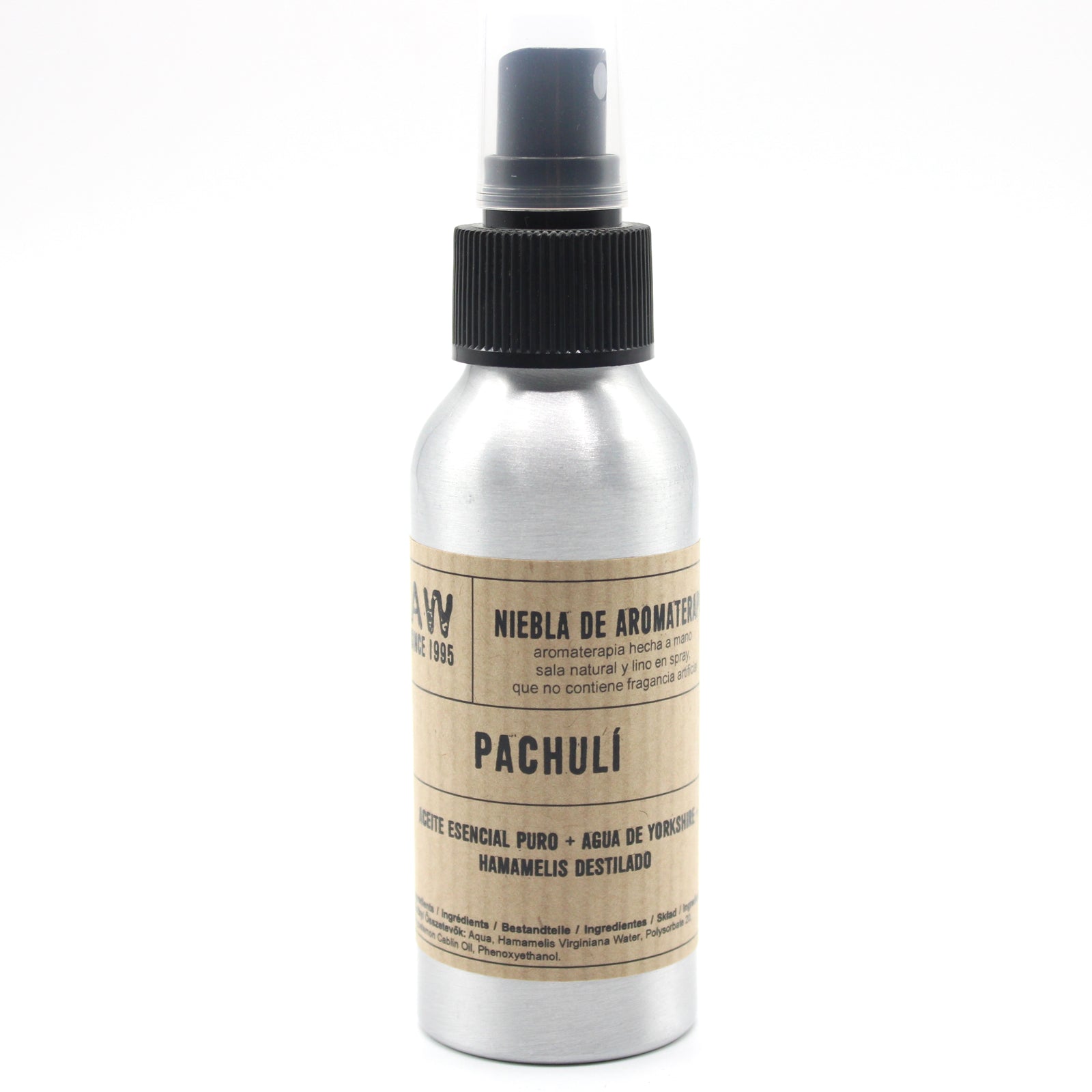 Spray de aceite esencial Patchouli 100ml en frasco de aluminio, aroma cálido y terroso ideal para equilibrar la mente y revitalizar el hogar.