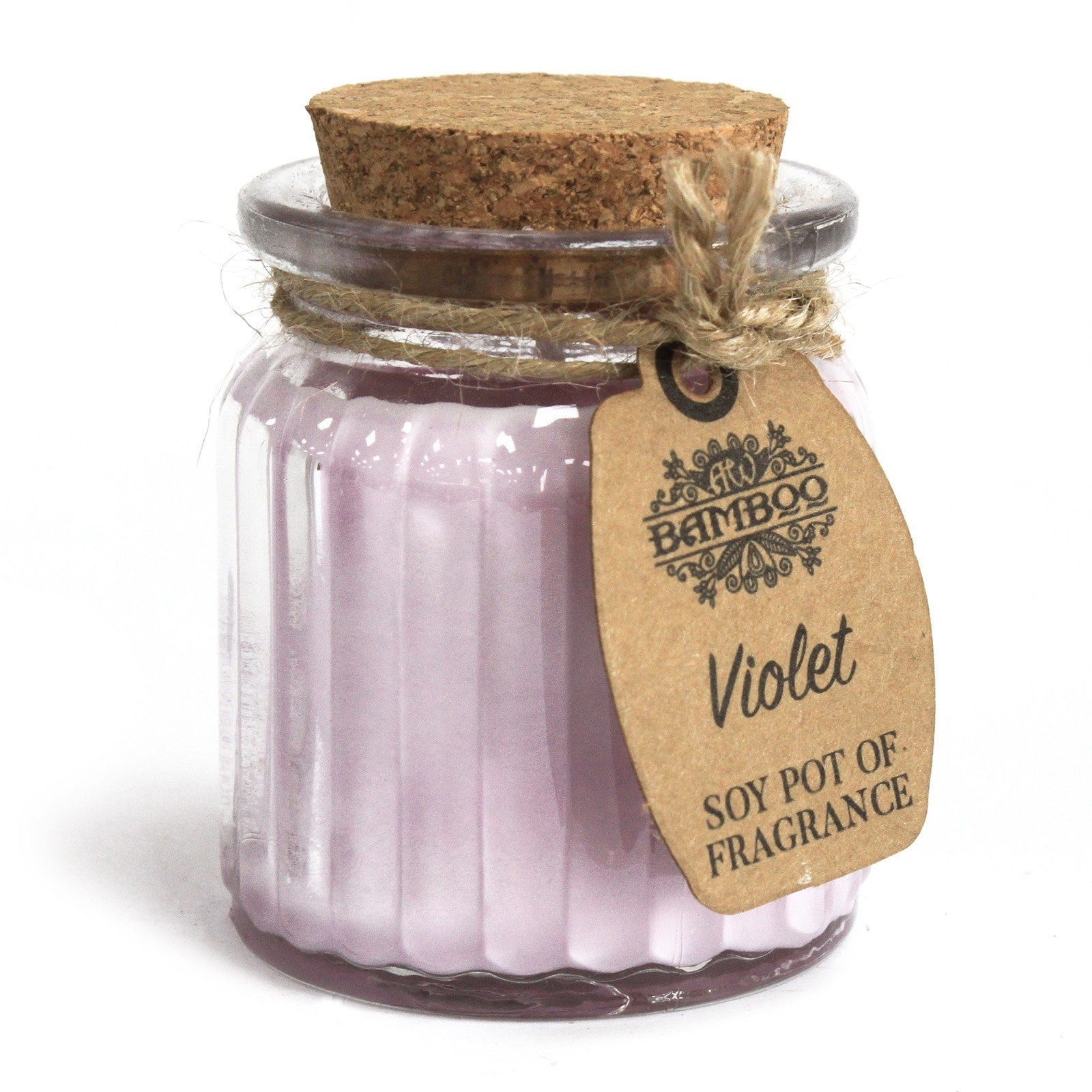 Vela de cera de soja con aroma floral a violeta, presentada sobre fondo blanco, ideal para momentos de calma y serenidad.