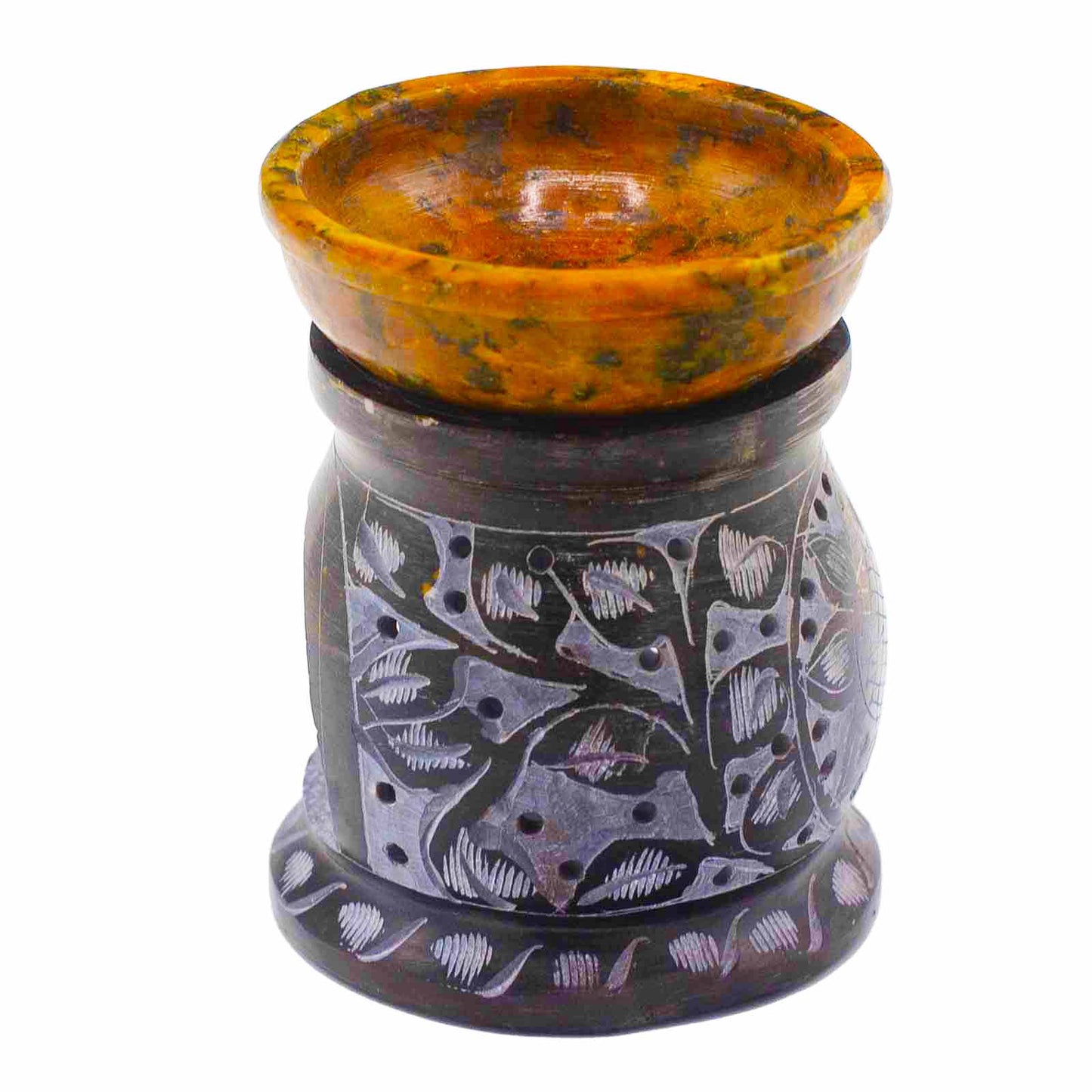 Quemador de Aceite de Esteatita 10 cm - Mandala Negro y Amarillo